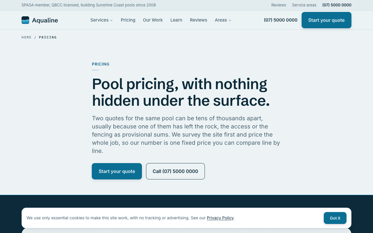 Aqualine Pools pricing page