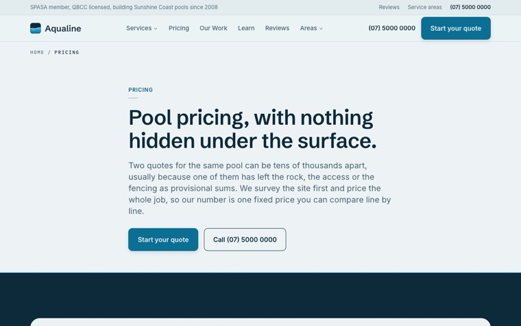 Aqualine Pools pricing page