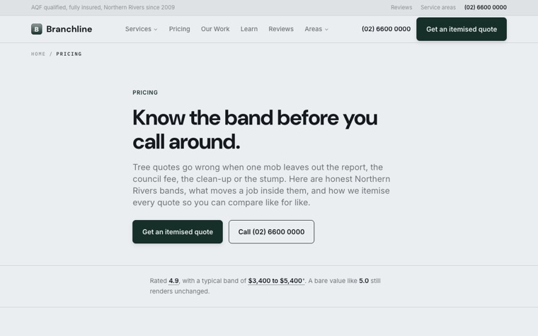 Branchline Tree Care pricing page