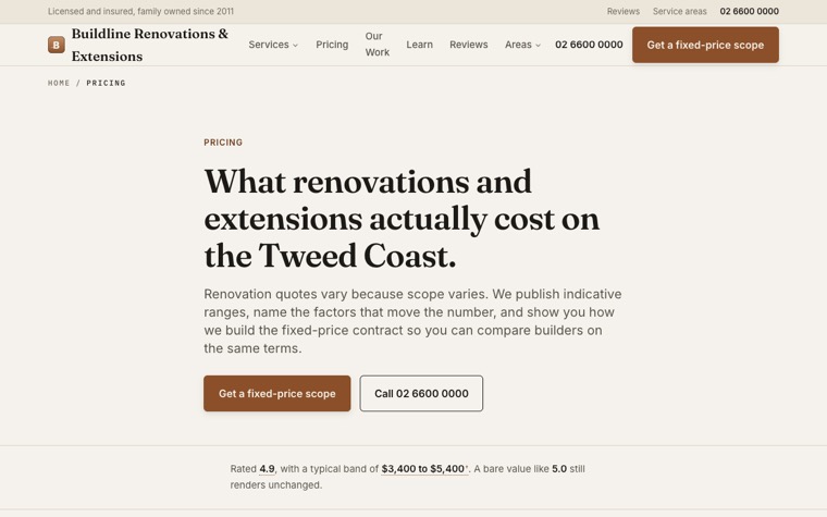 Buildline Renovations & Extensions pricing page