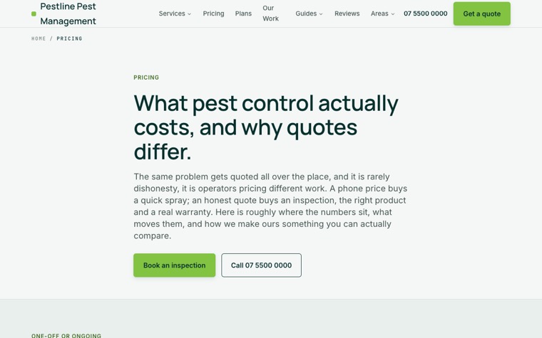 Pestline Pest Management pricing page