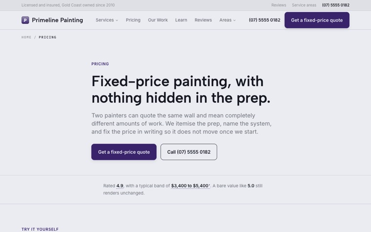Primeline Painting pricing page
