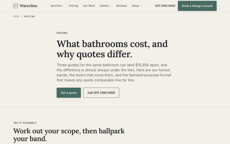 Waterline Bathrooms & Renovations pricing page
